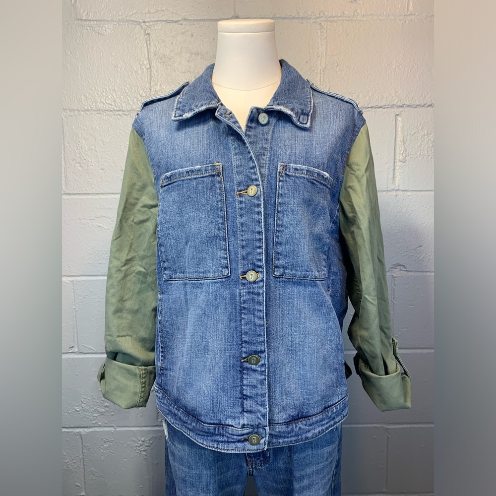 Anthropology Pilcro Denim Army Khaki Green Jean Jacket Women's Size Large - Picture 8 of 11
